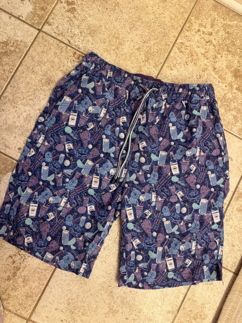 Peter Millar Men's Navy Blue Patterned Swim Trunks with Drawstring Small